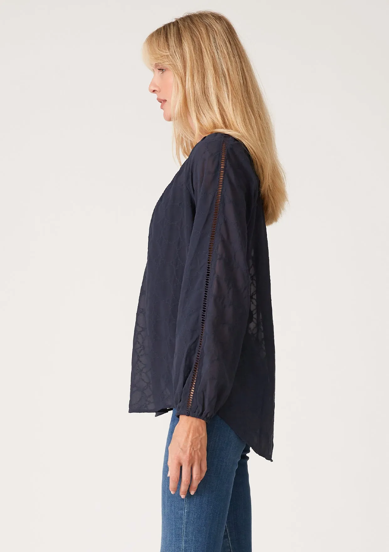 Embroidered Lattice Trim Long Sleeve V Neck Top