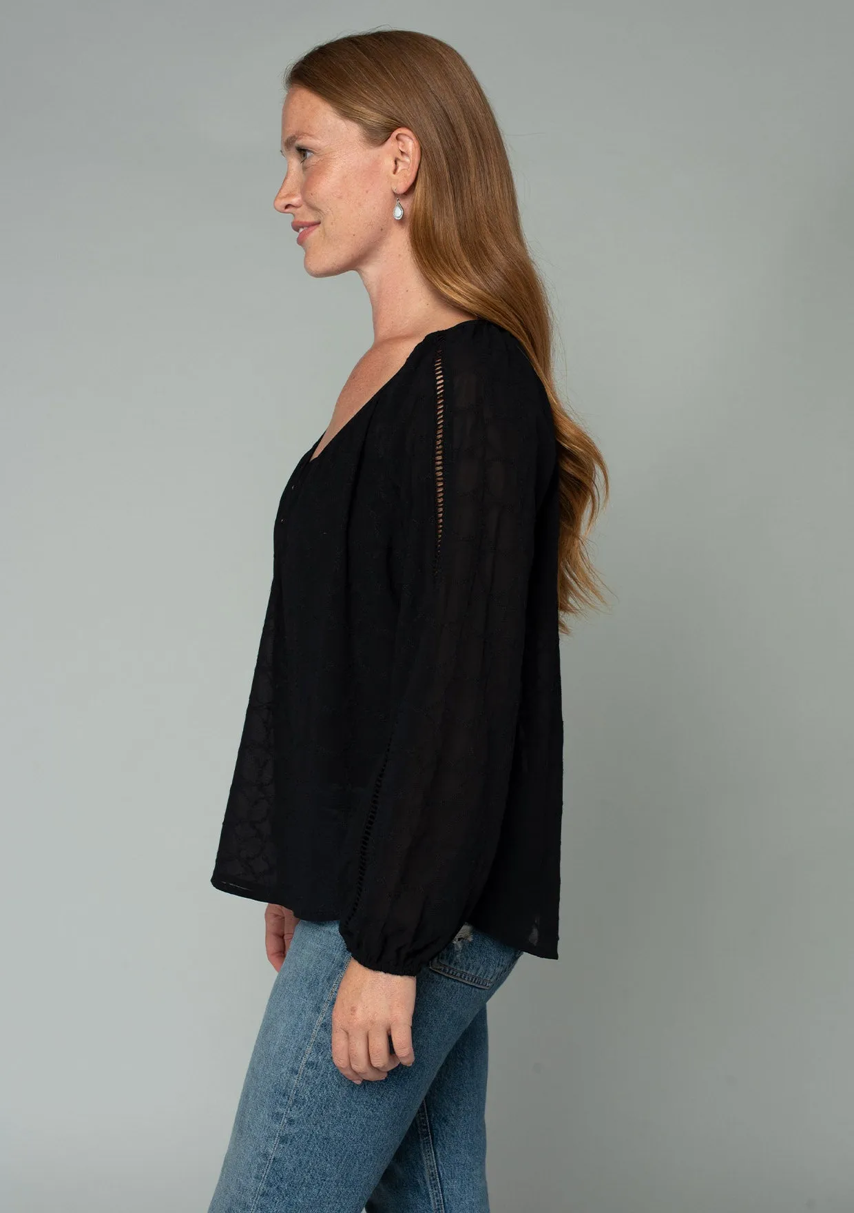 Embroidered Lattice Trim Long Sleeve V Neck Top