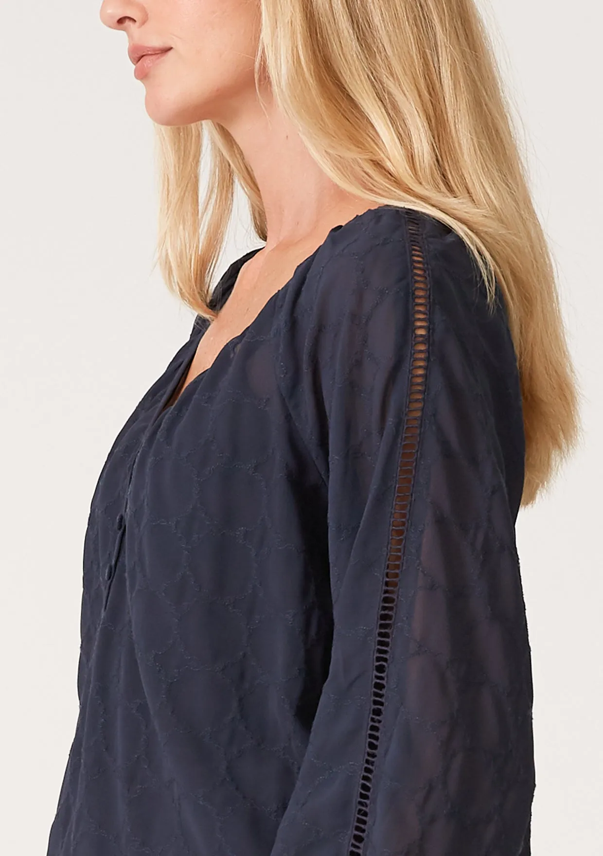 Embroidered Lattice Trim Long Sleeve V Neck Top