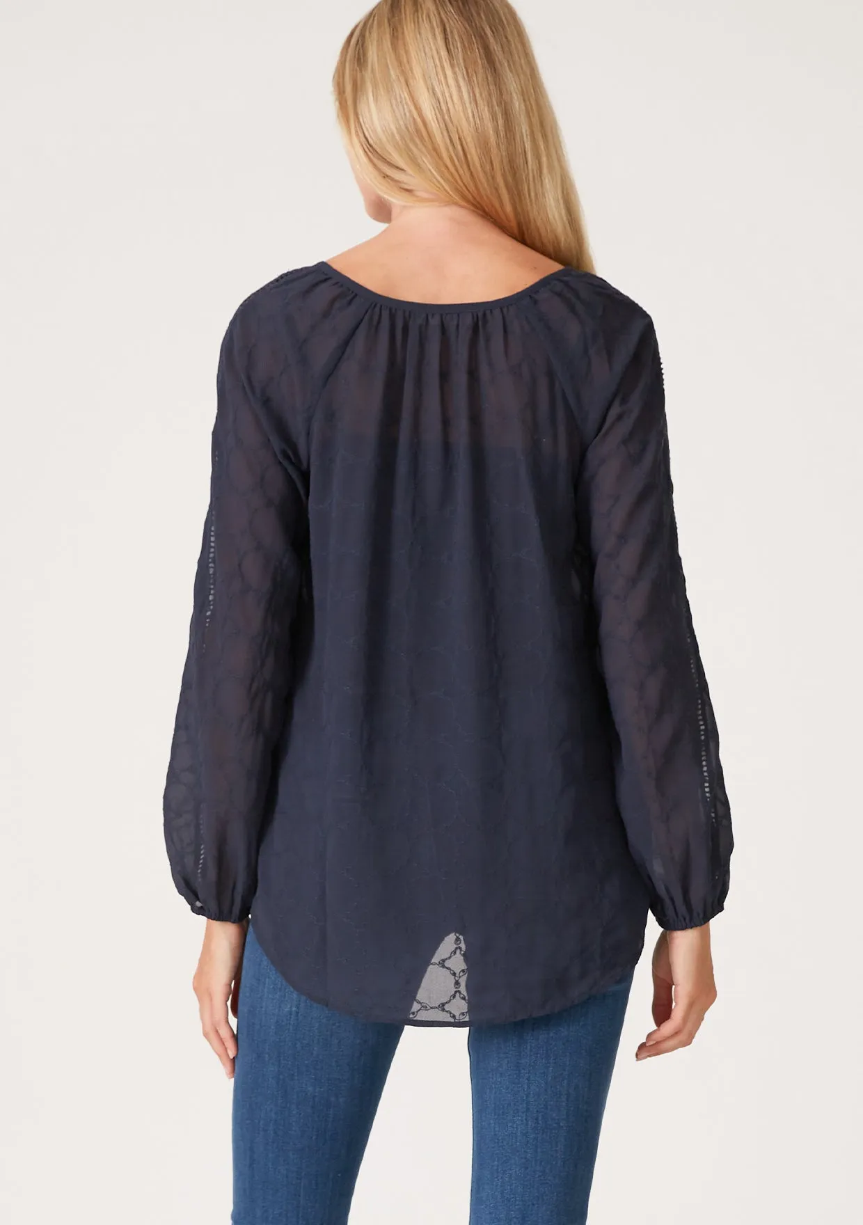 Embroidered Lattice Trim Long Sleeve V Neck Top