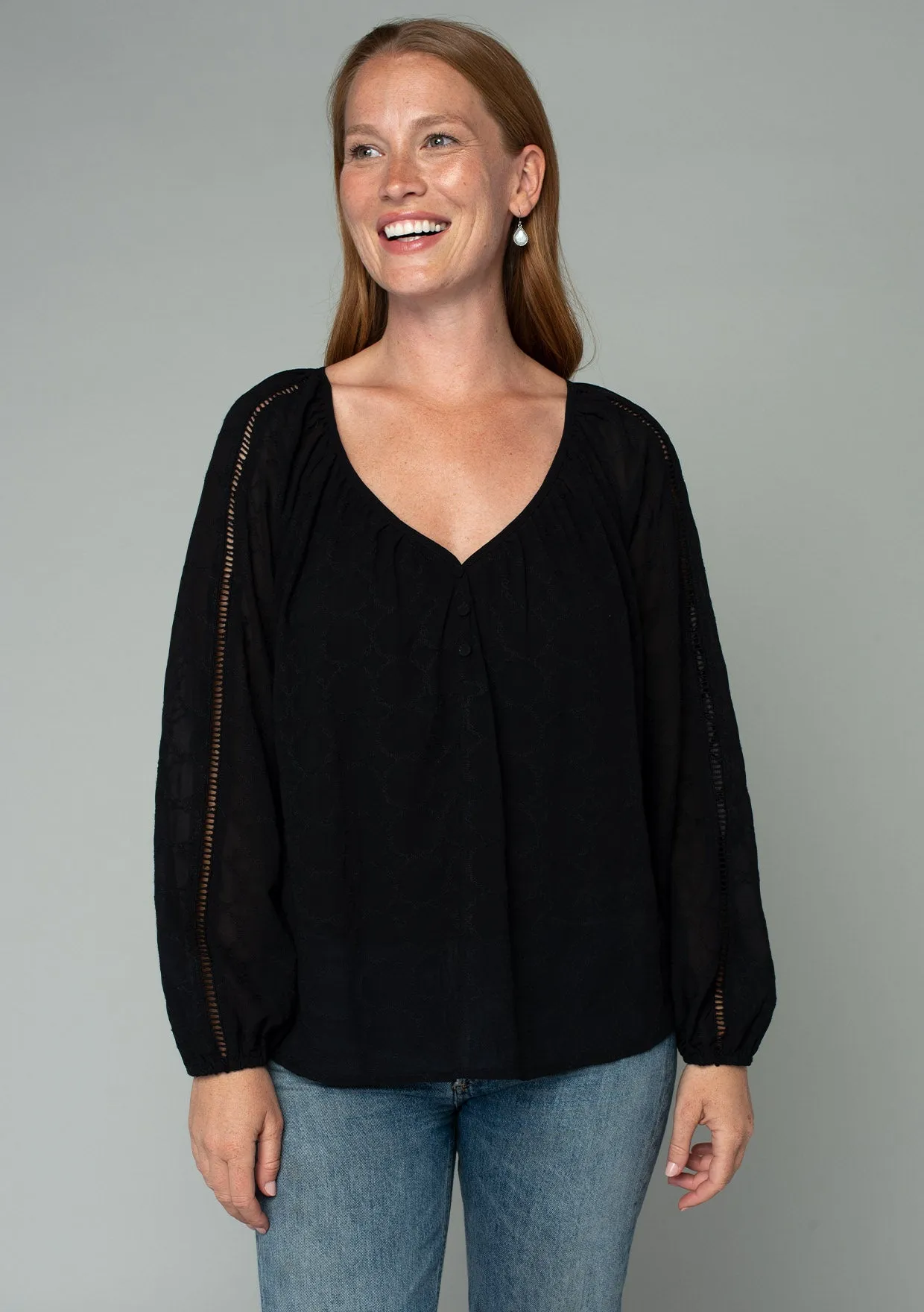 Embroidered Lattice Trim Long Sleeve V Neck Top