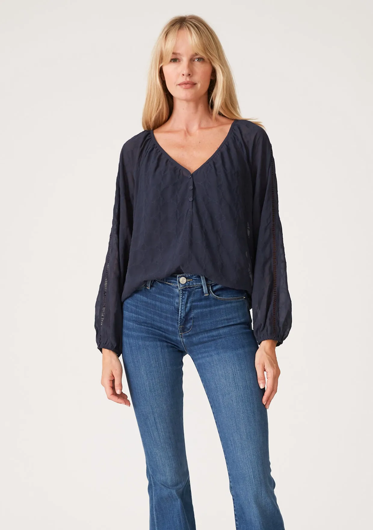 Embroidered Lattice Trim Long Sleeve V Neck Top