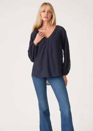 Embroidered Lattice Trim Long Sleeve V Neck Top