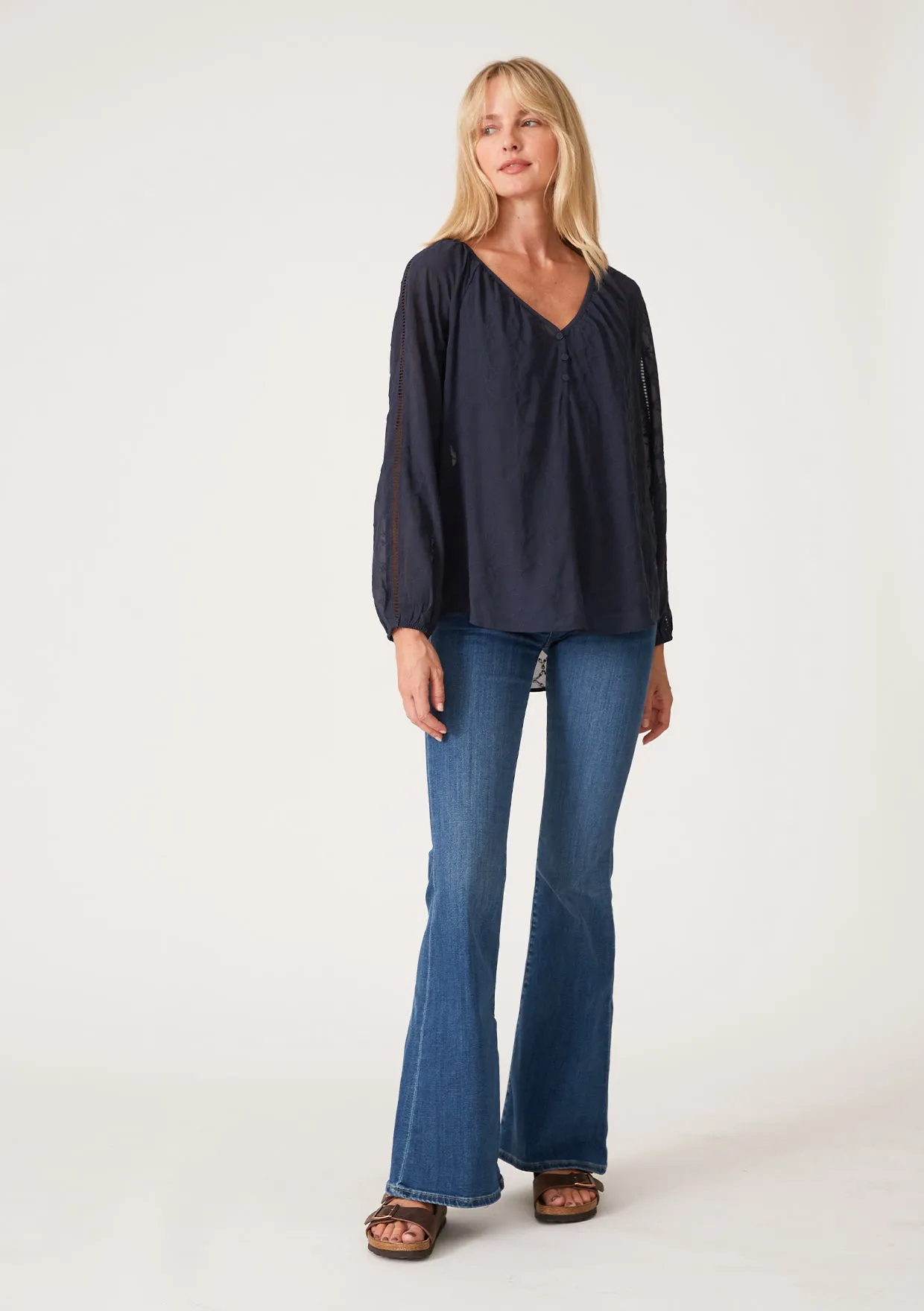 Embroidered Lattice Trim Long Sleeve V Neck Top