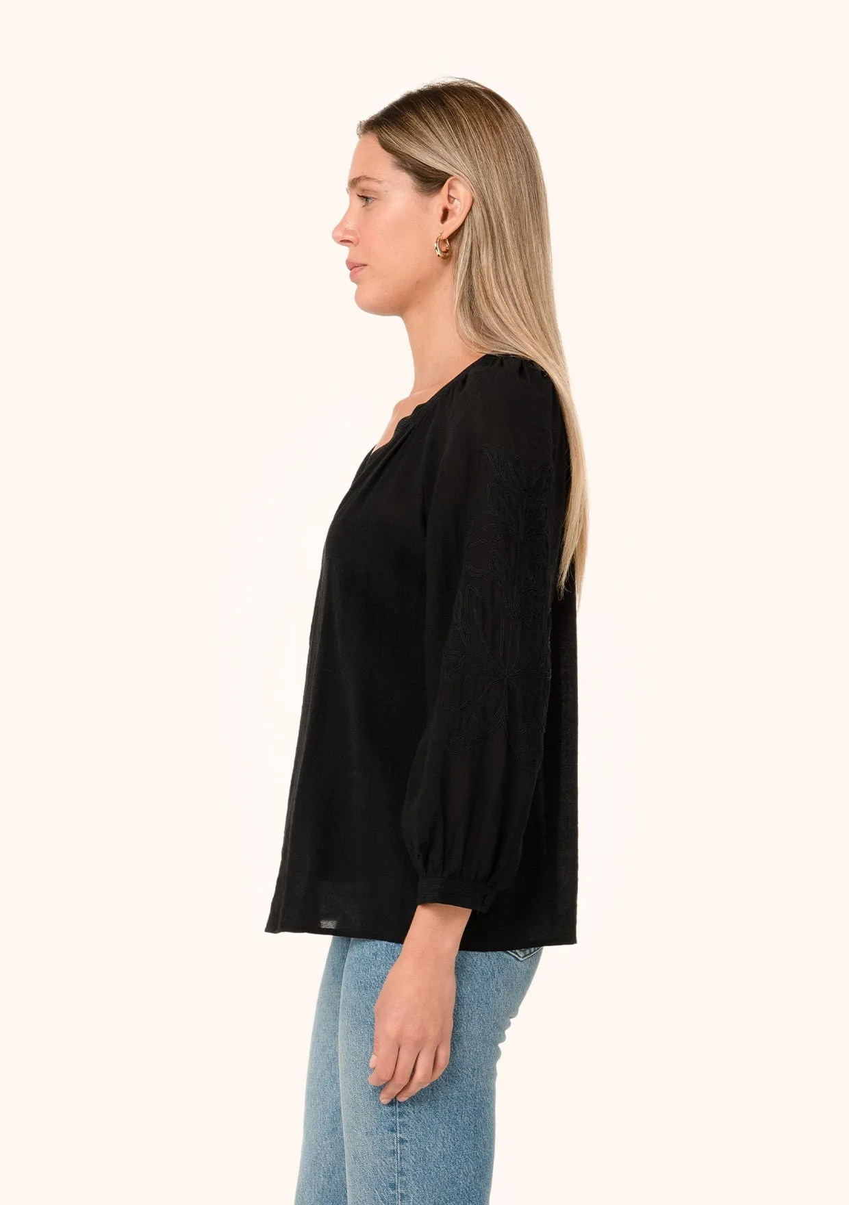 Embroidered Long Sleeve Split V Neck Blouse