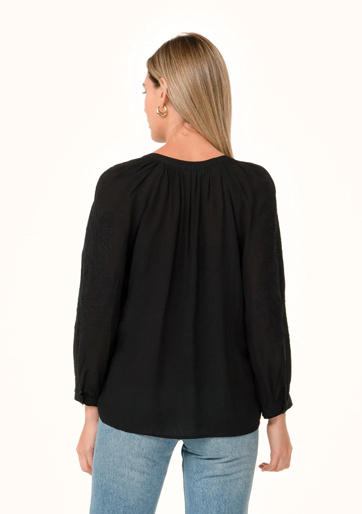 Embroidered Long Sleeve Split V Neck Blouse