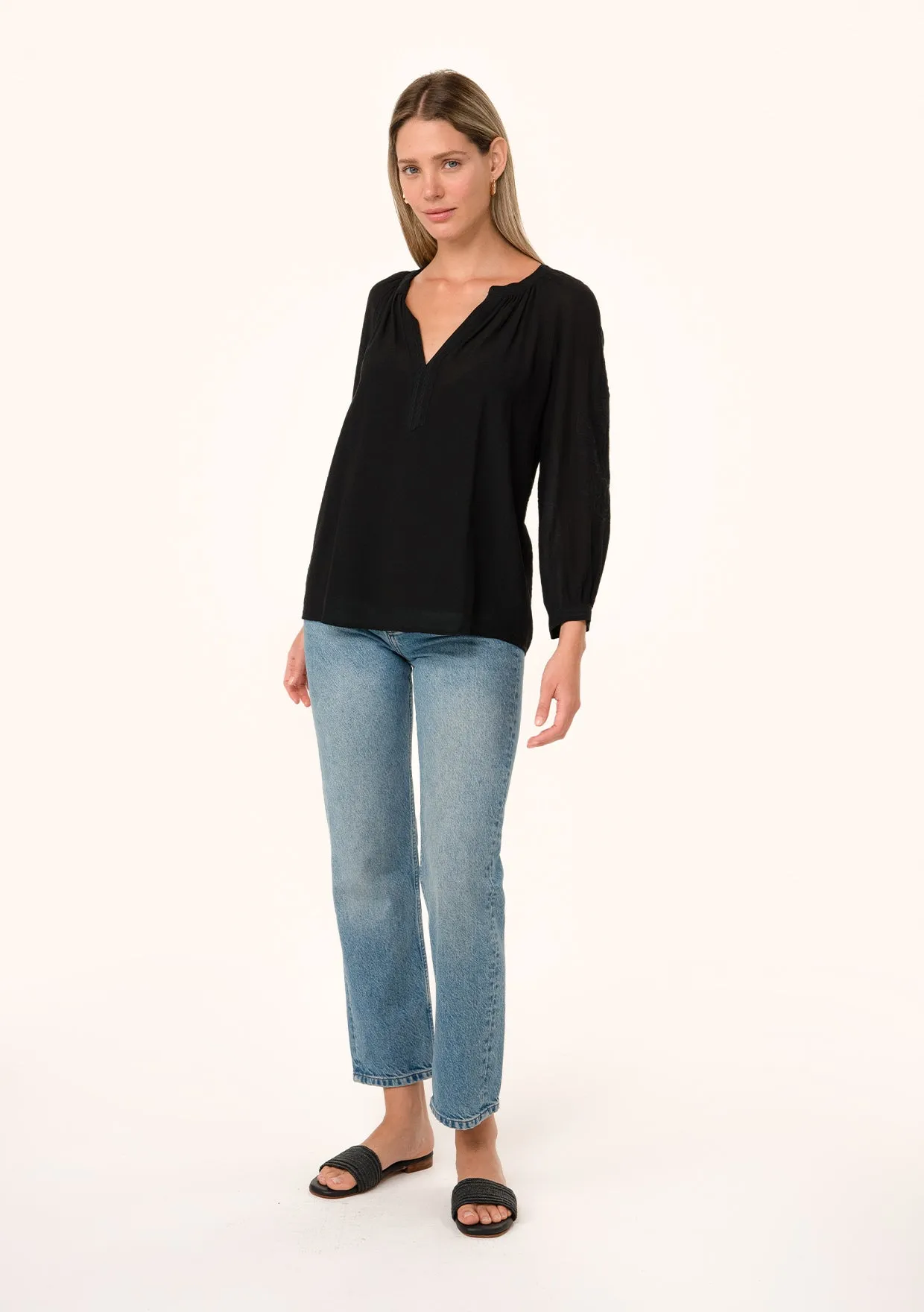 Embroidered Long Sleeve Split V Neck Blouse