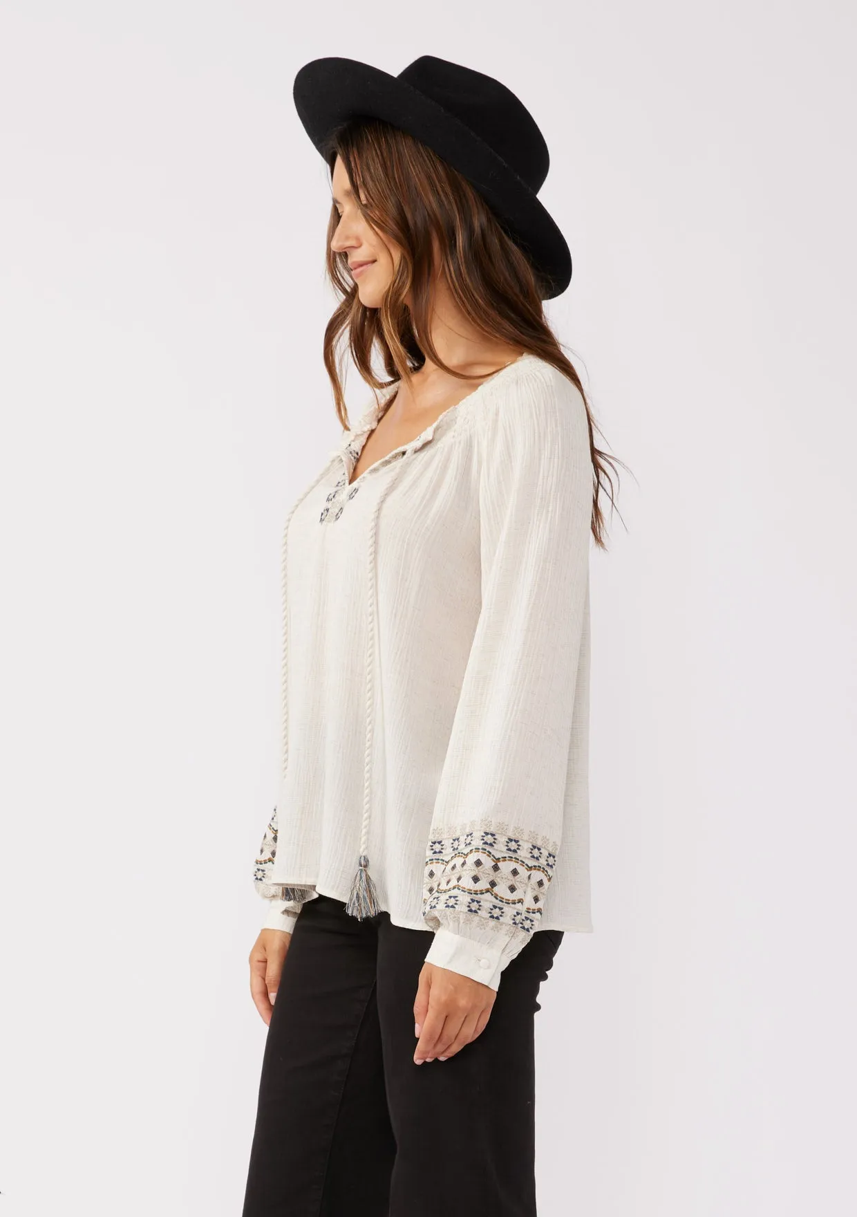 Embroidered Long Sleeve Tassel Tie Neck Blouse