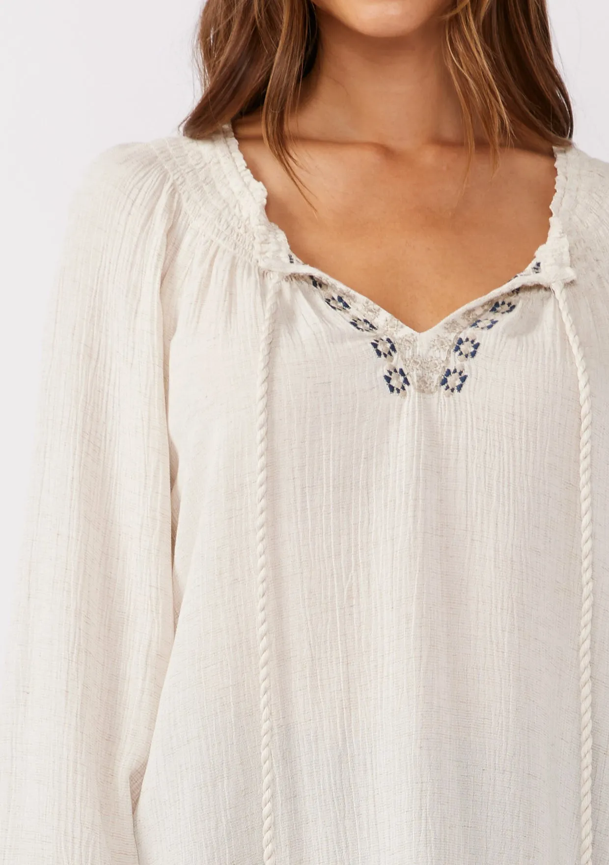 Embroidered Long Sleeve Tassel Tie Neck Blouse