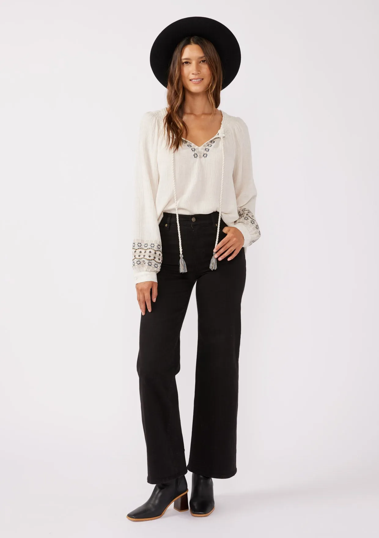 Embroidered Long Sleeve Tassel Tie Neck Blouse