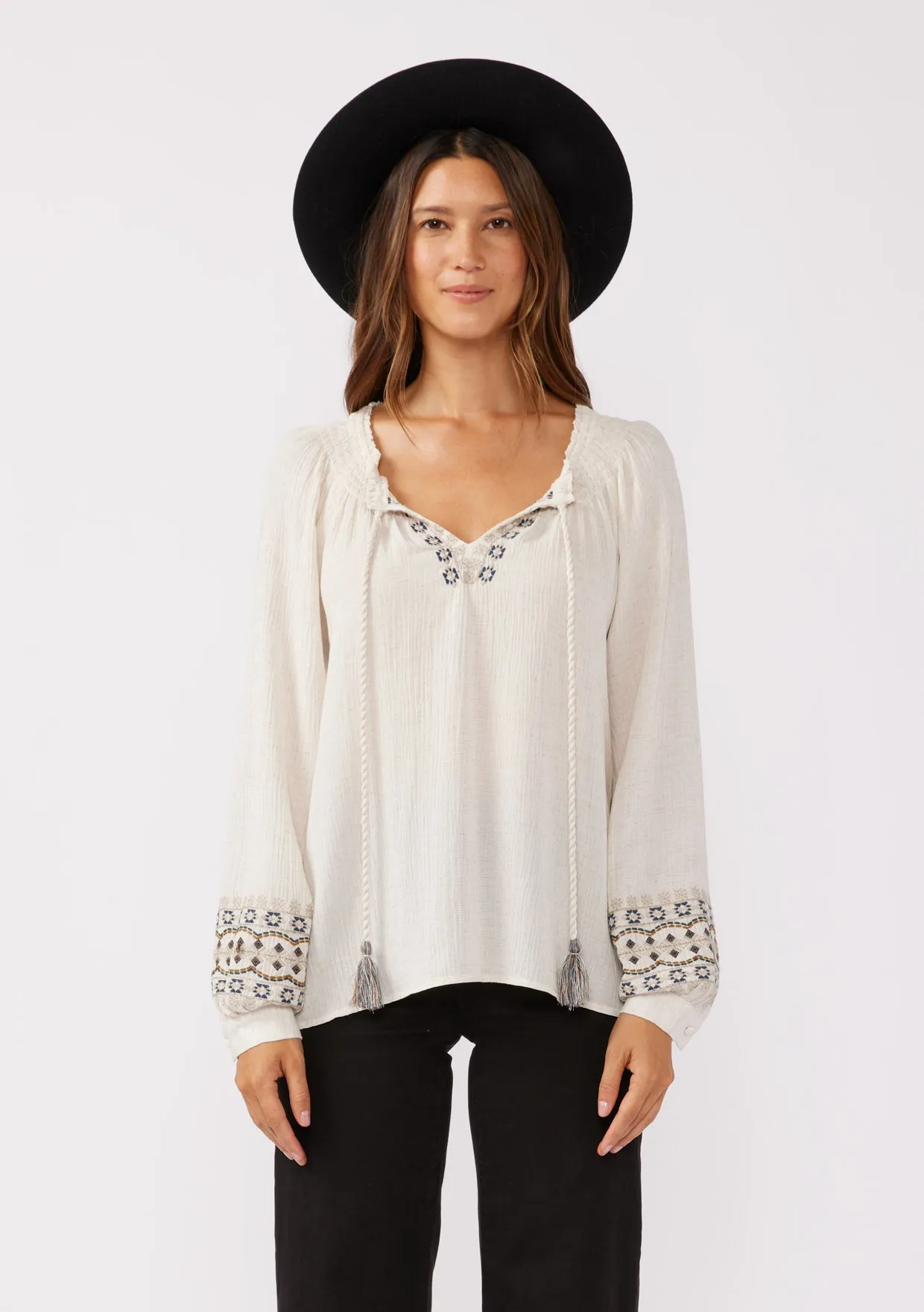 Embroidered Long Sleeve Tassel Tie Neck Blouse