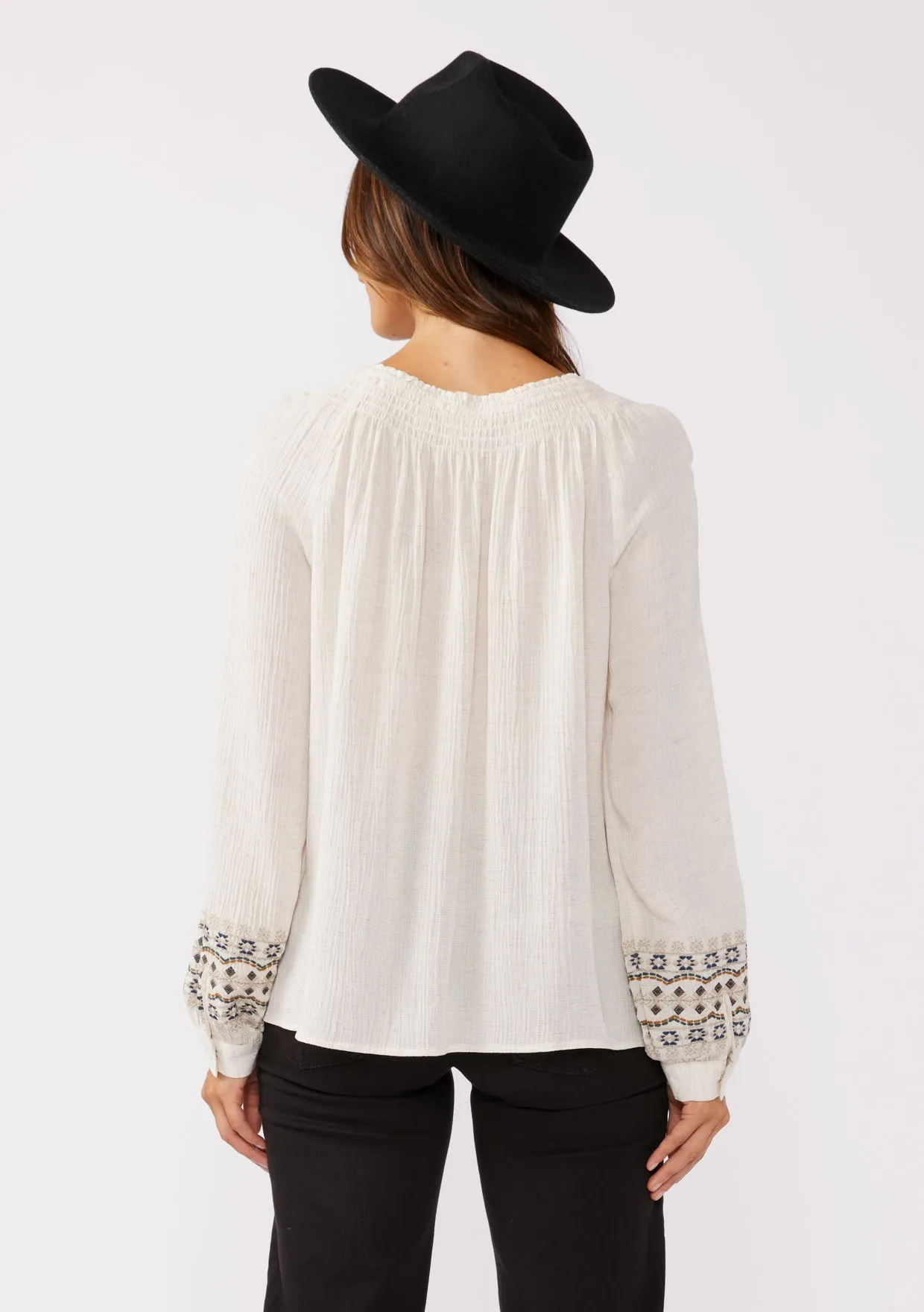 Embroidered Long Sleeve Tassel Tie Neck Blouse