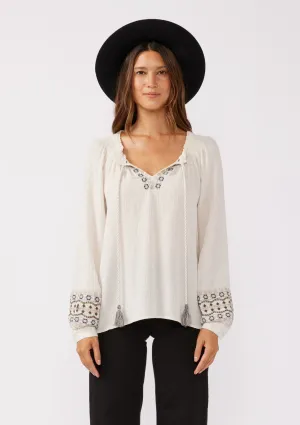 Embroidered Long Sleeve Tassel Tie Neck Blouse