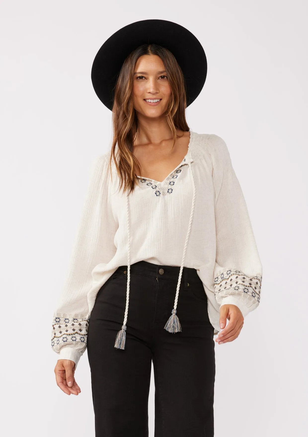 Embroidered Long Sleeve Tassel Tie Neck Blouse