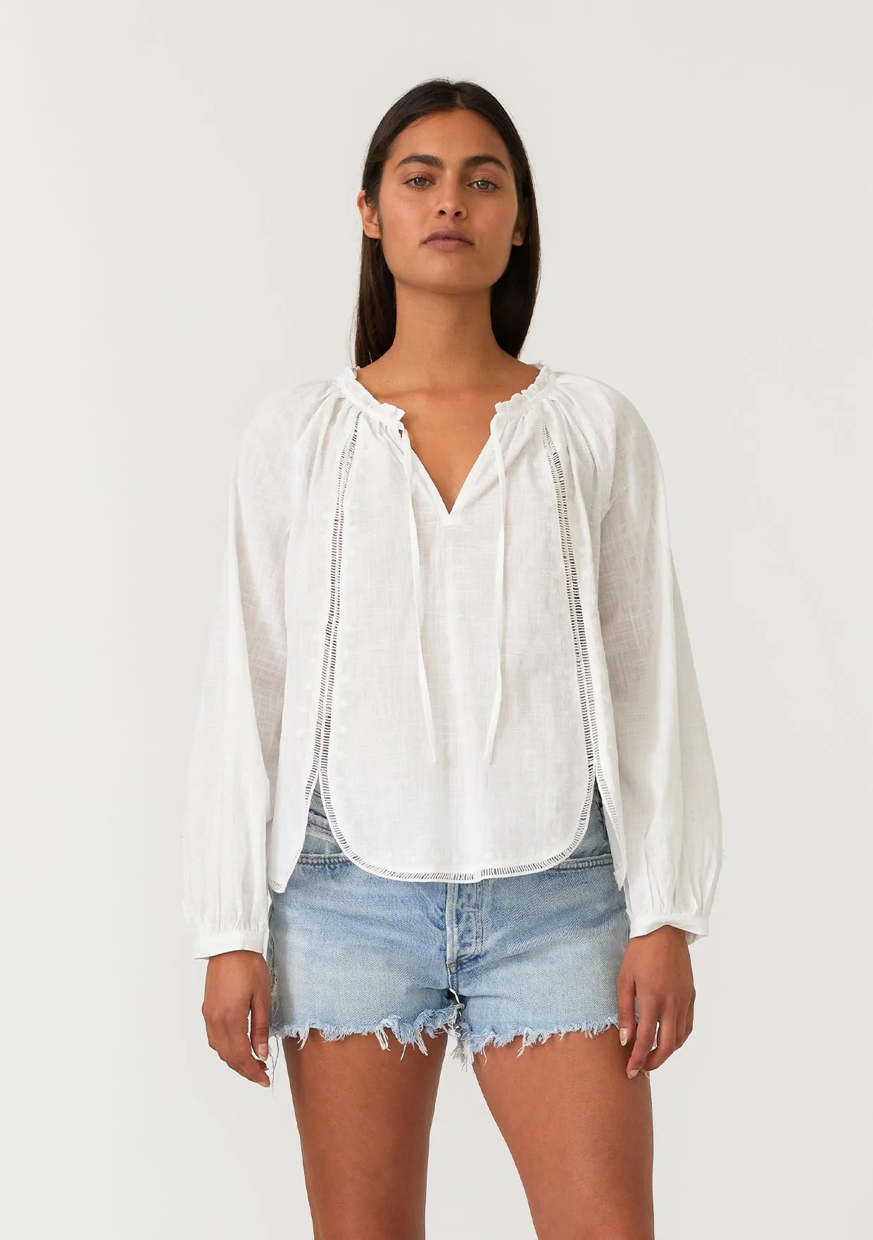 Embroidered Long Sleeve Tie Neck Blouse