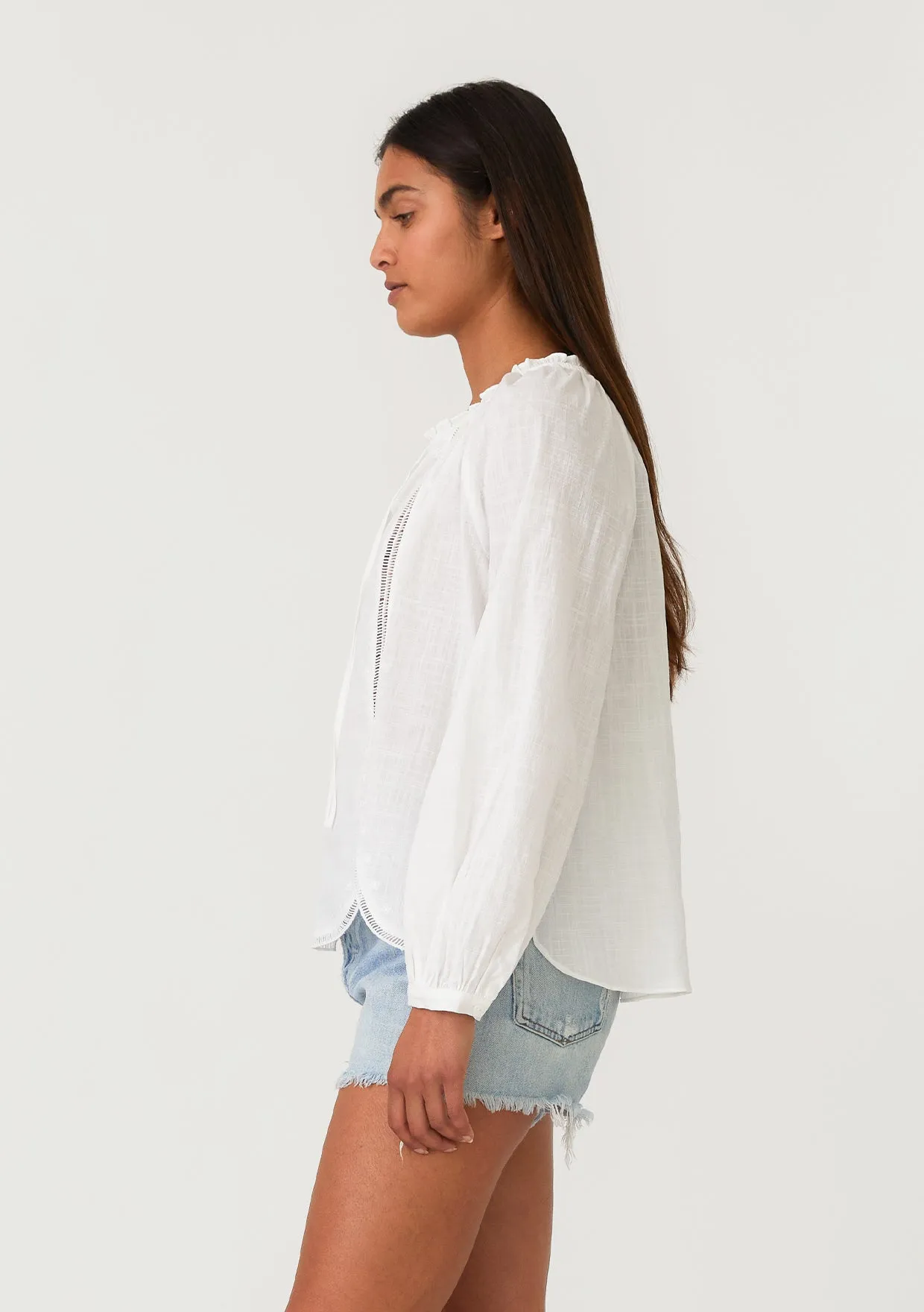 Embroidered Long Sleeve Tie Neck Blouse