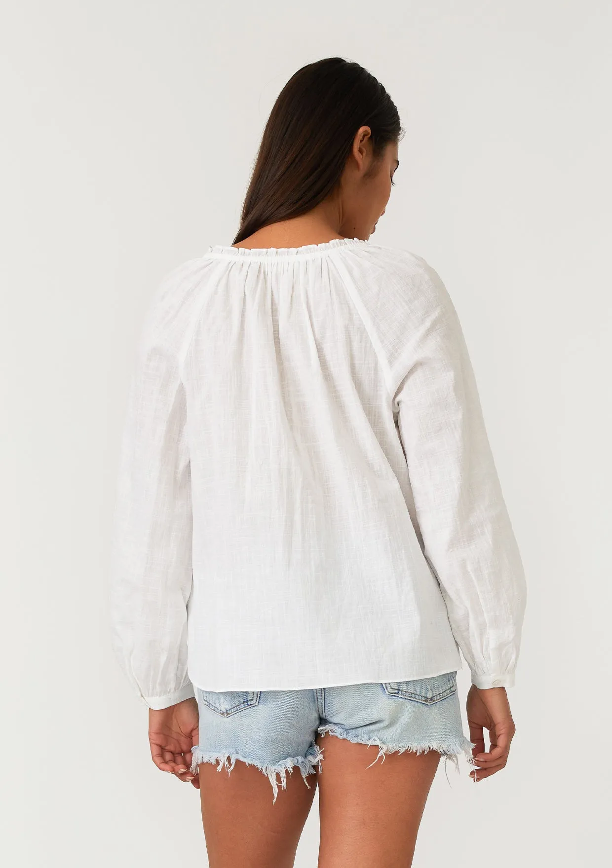 Embroidered Long Sleeve Tie Neck Blouse