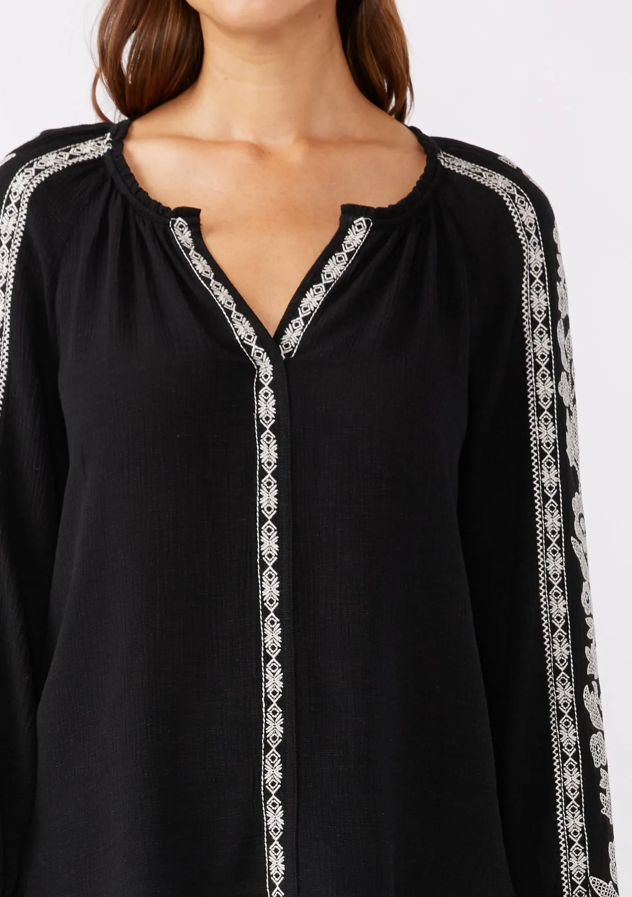 Embroidered Long Sleeve V-Split Neck Top