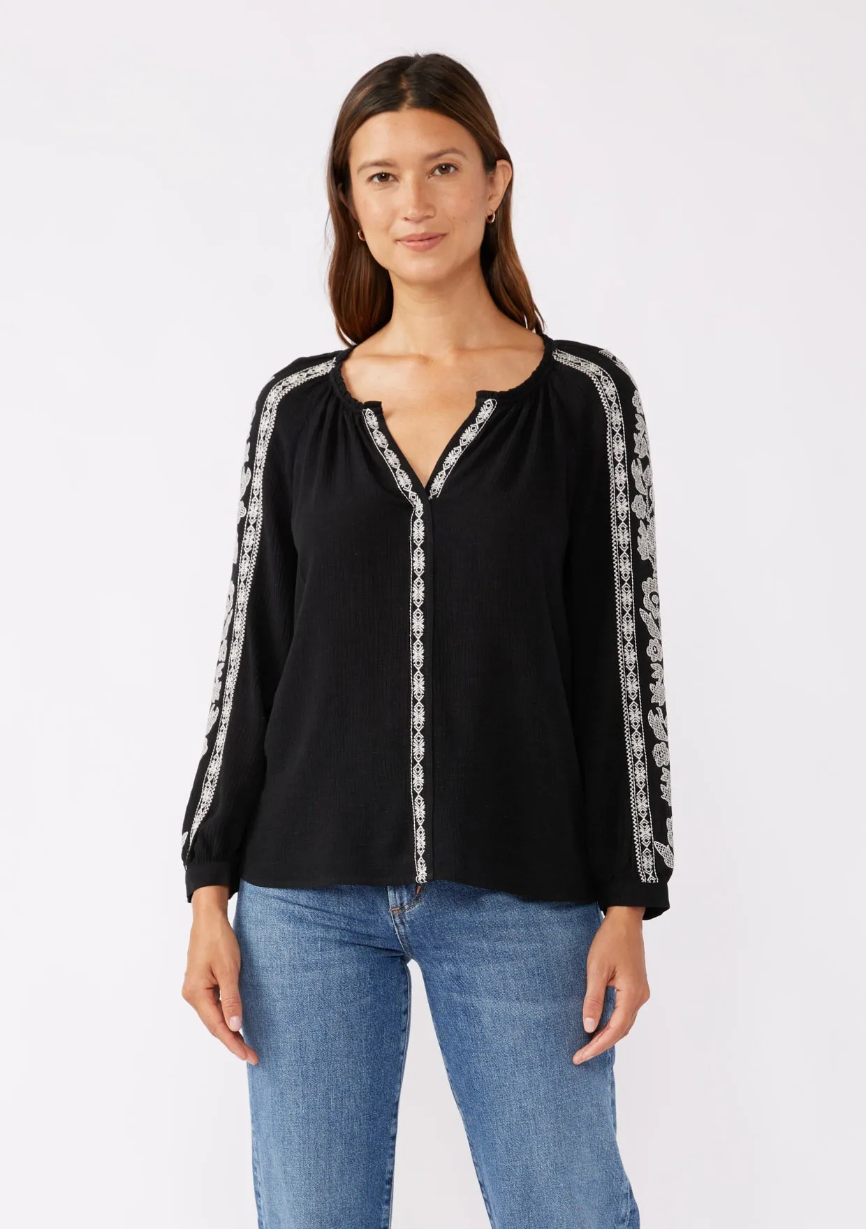 Embroidered Long Sleeve V-Split Neck Top