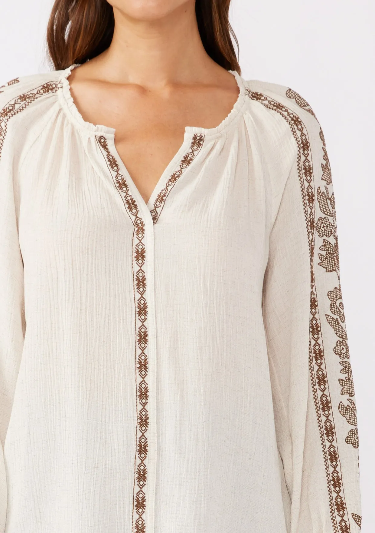 Embroidered Long Sleeve V-Split Neck Top