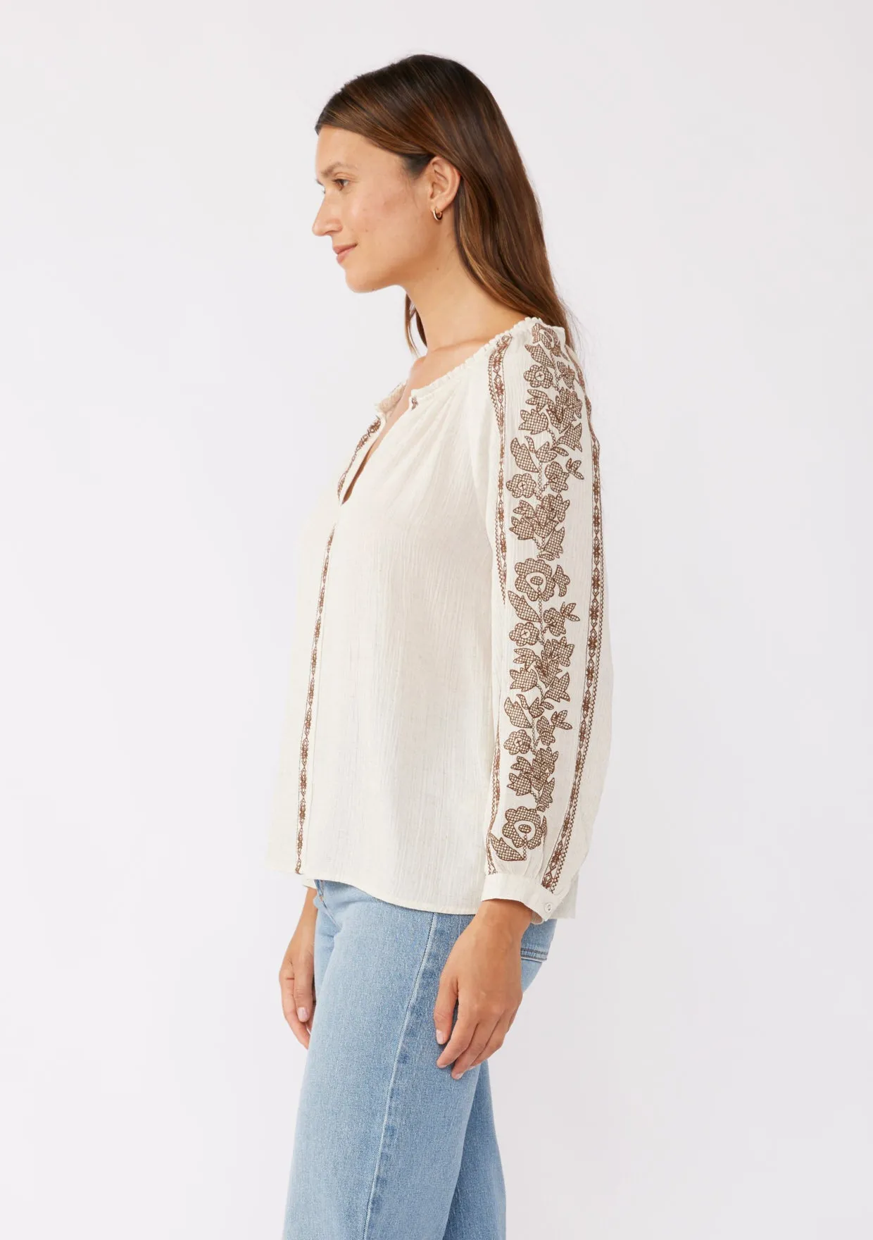 Embroidered Long Sleeve V-Split Neck Top