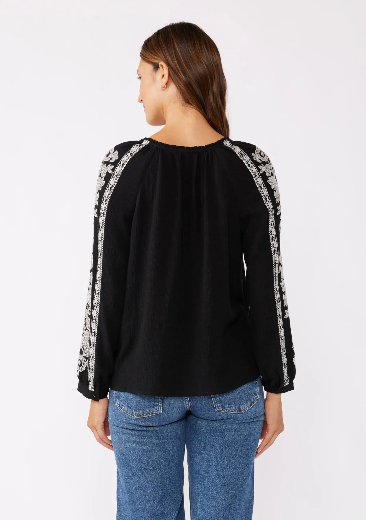 Embroidered Long Sleeve V-Split Neck Top