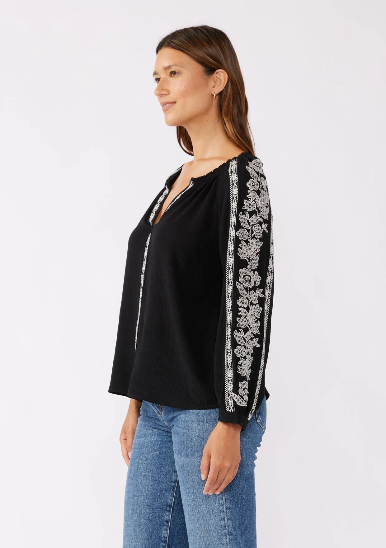 Embroidered Long Sleeve V-Split Neck Top