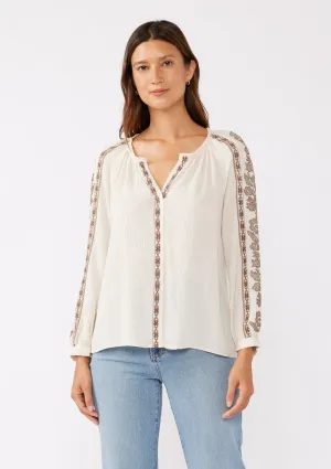 Embroidered Long Sleeve V-Split Neck Top