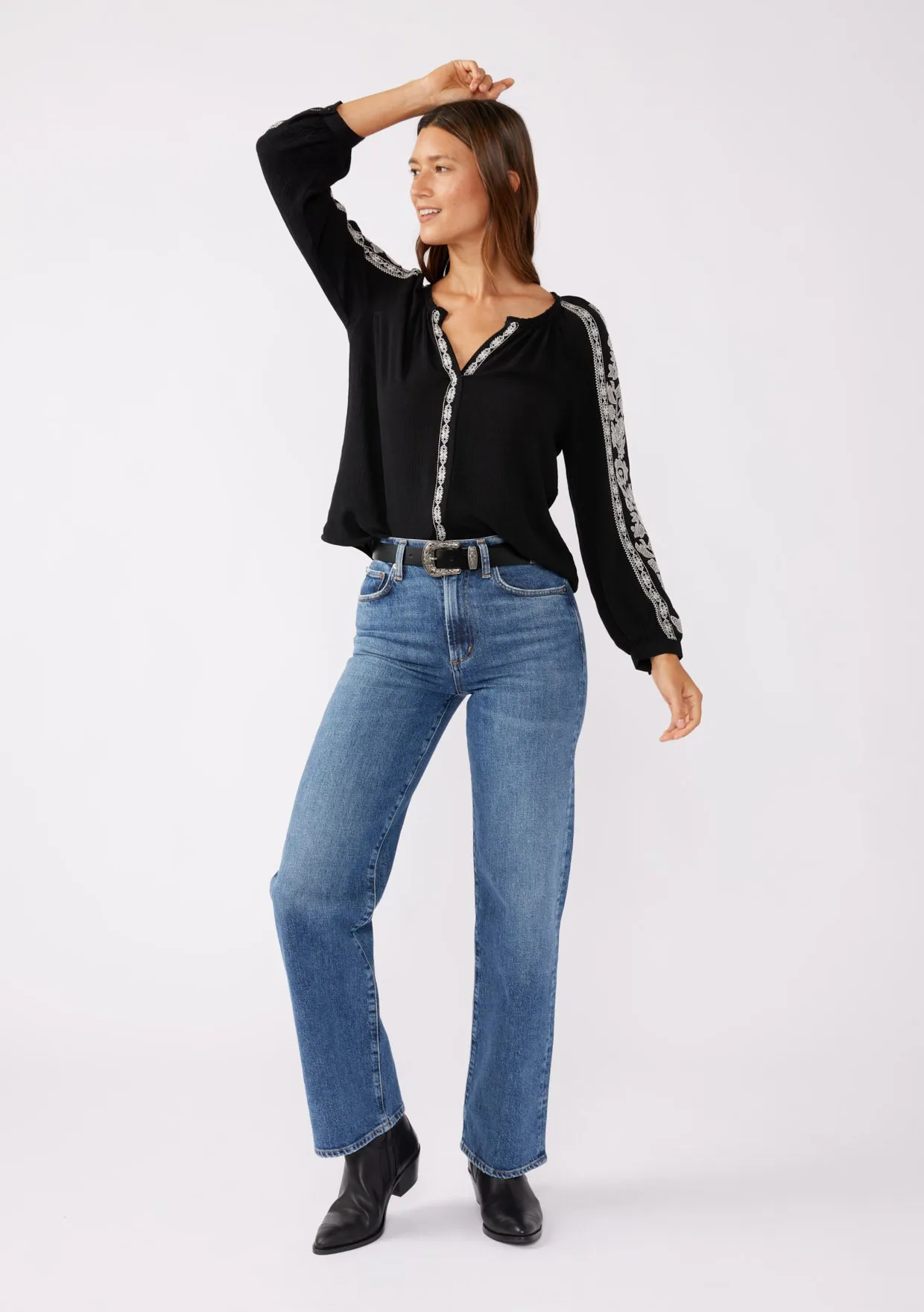Embroidered Long Sleeve V-Split Neck Top