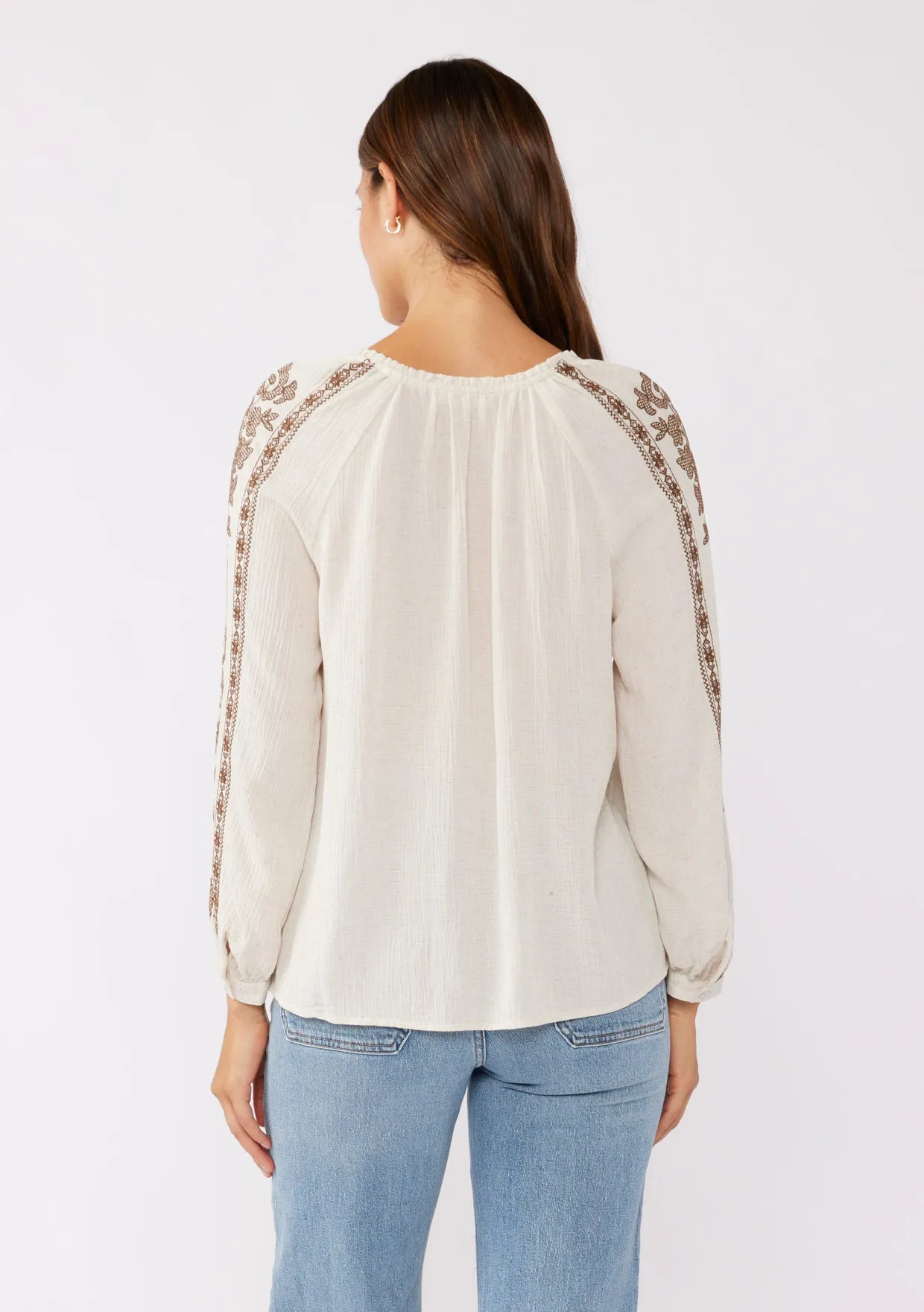 Embroidered Long Sleeve V-Split Neck Top