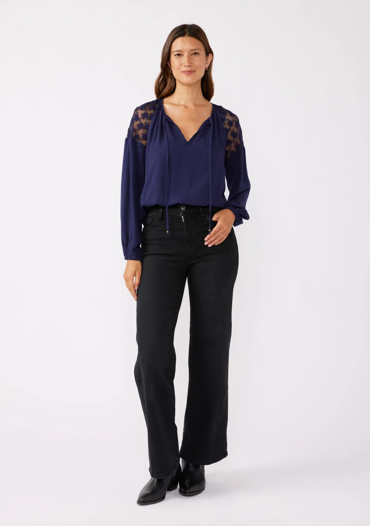 Embroidered Mesh Long Sleeve Tie Neck Blouse