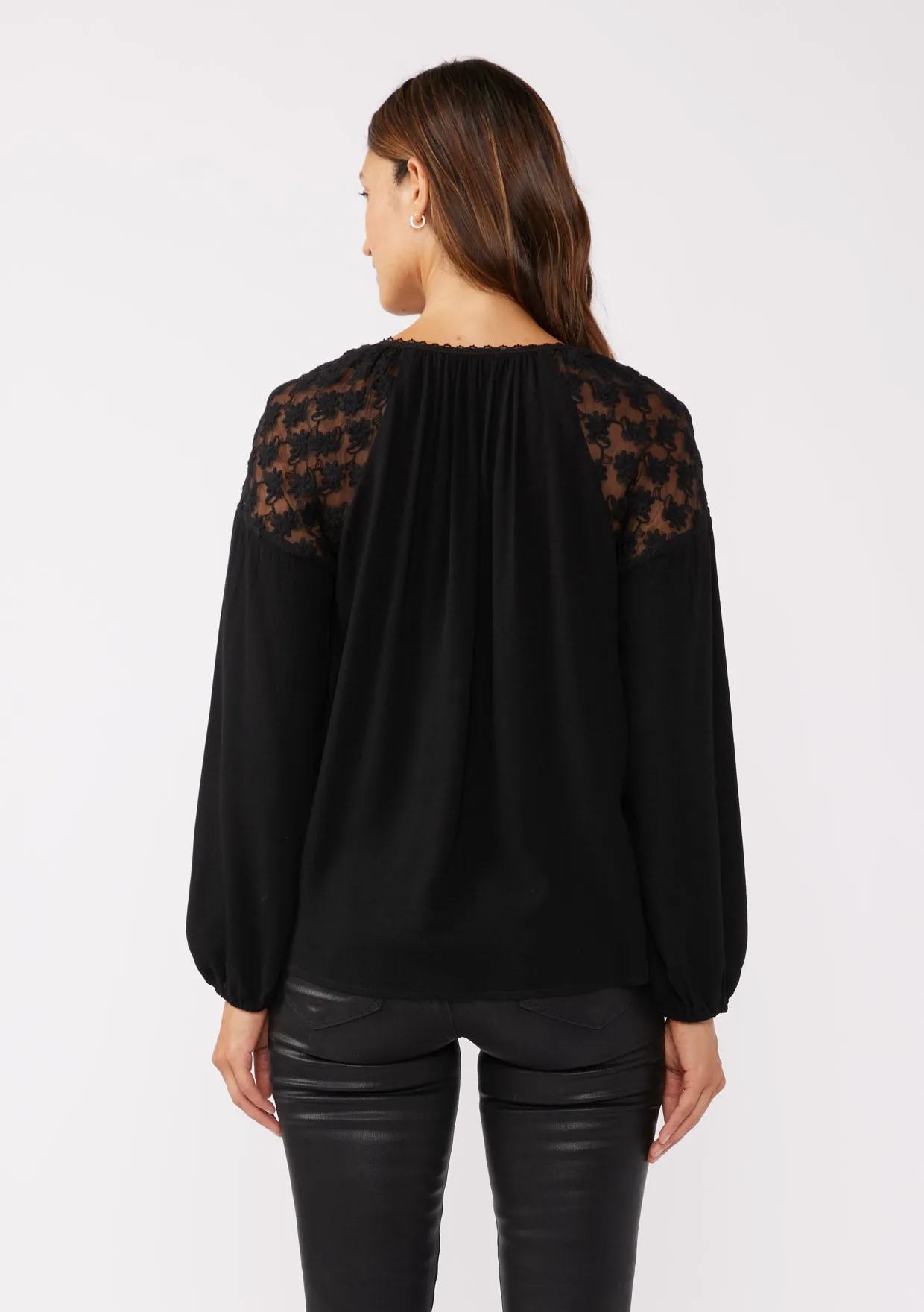 Embroidered Mesh Long Sleeve Tie Neck Blouse