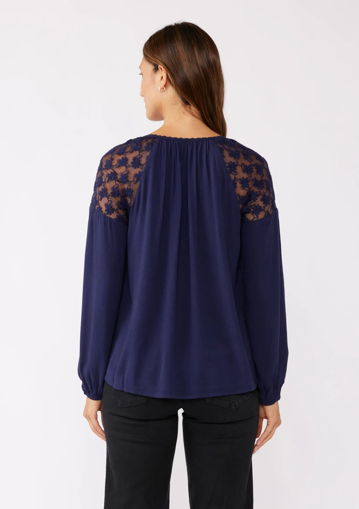 Embroidered Mesh Long Sleeve Tie Neck Blouse