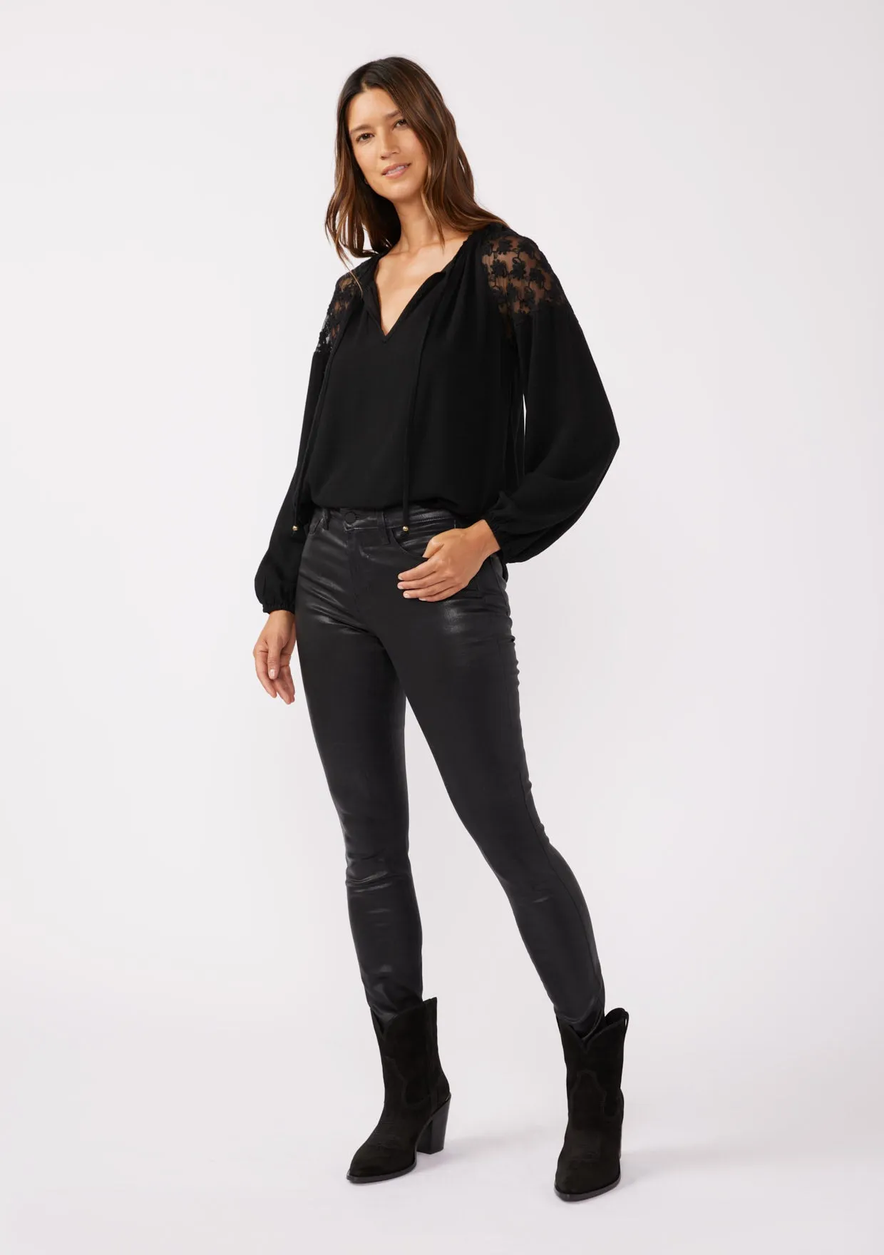 Embroidered Mesh Long Sleeve Tie Neck Blouse