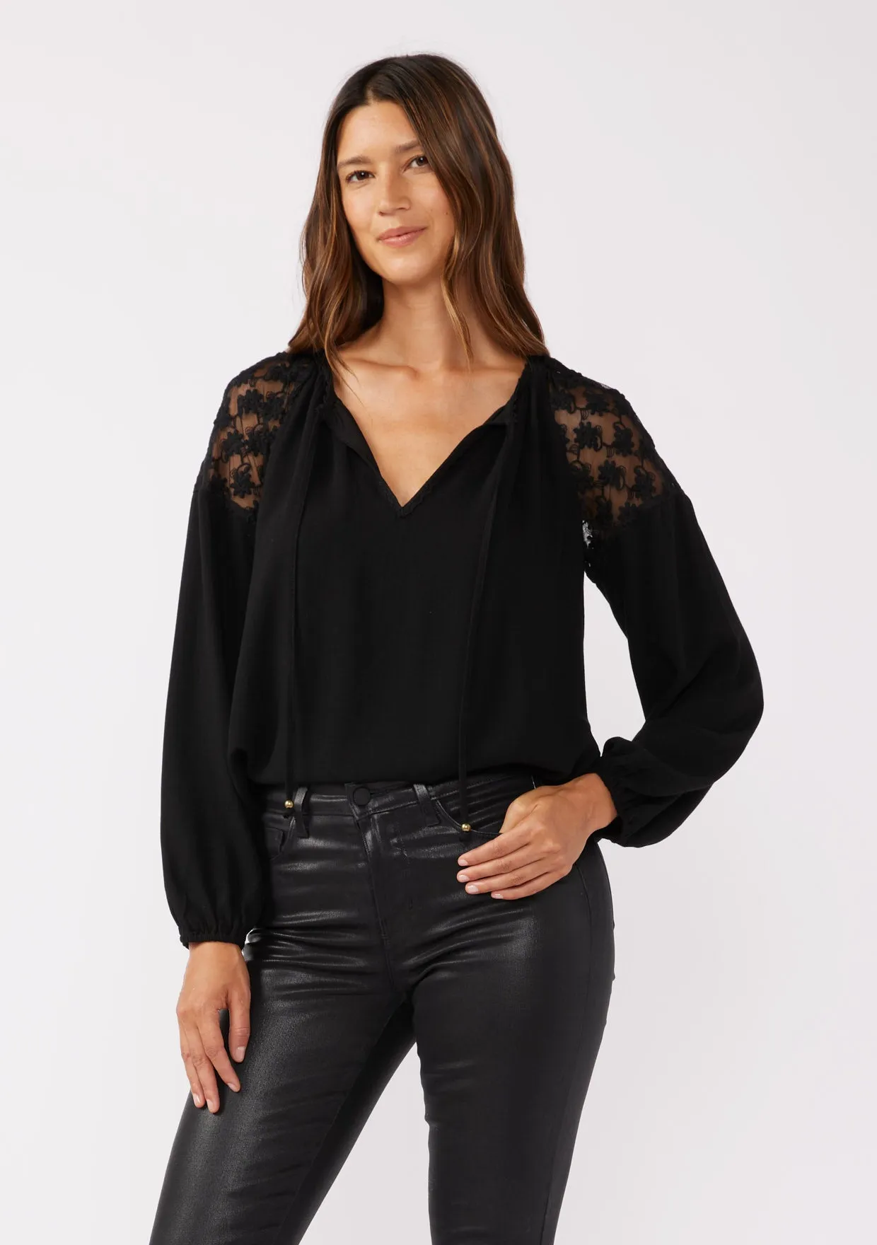 Embroidered Mesh Long Sleeve Tie Neck Blouse