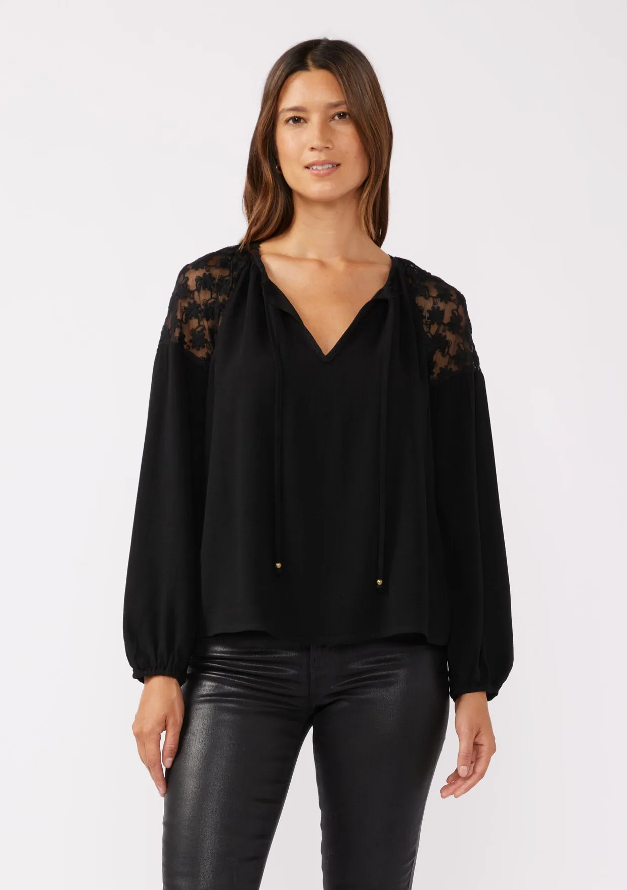 Embroidered Mesh Long Sleeve Tie Neck Blouse