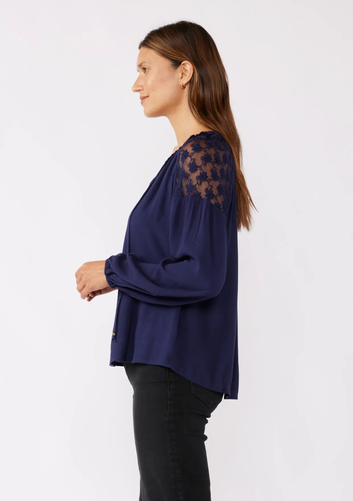 Embroidered Mesh Long Sleeve Tie Neck Blouse