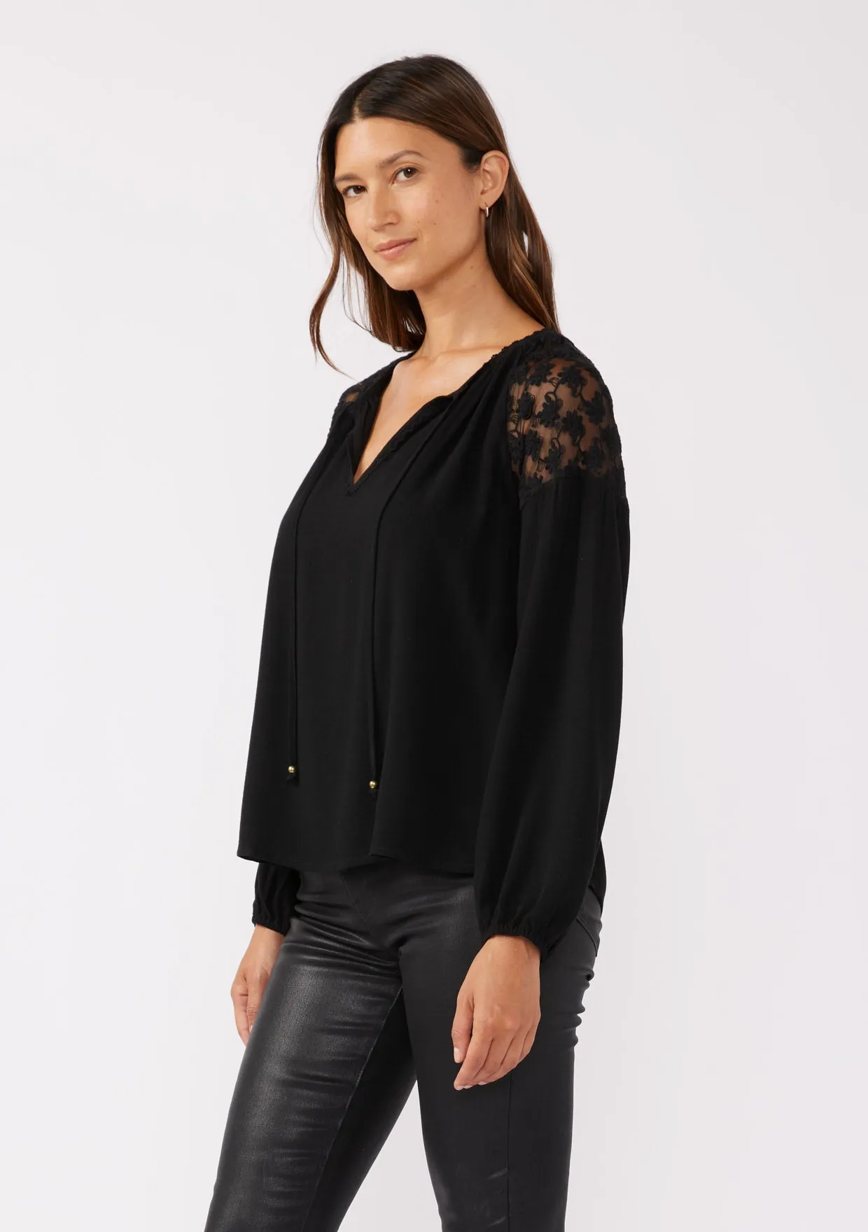 Embroidered Mesh Long Sleeve Tie Neck Blouse