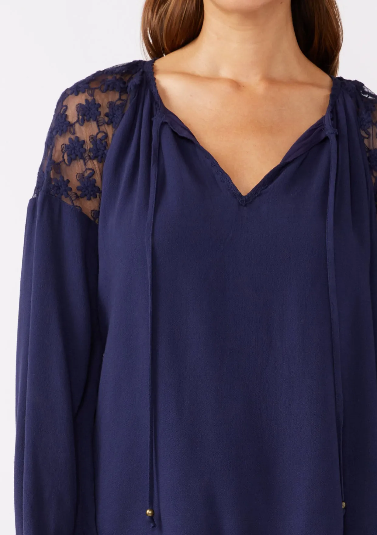 Embroidered Mesh Long Sleeve Tie Neck Blouse