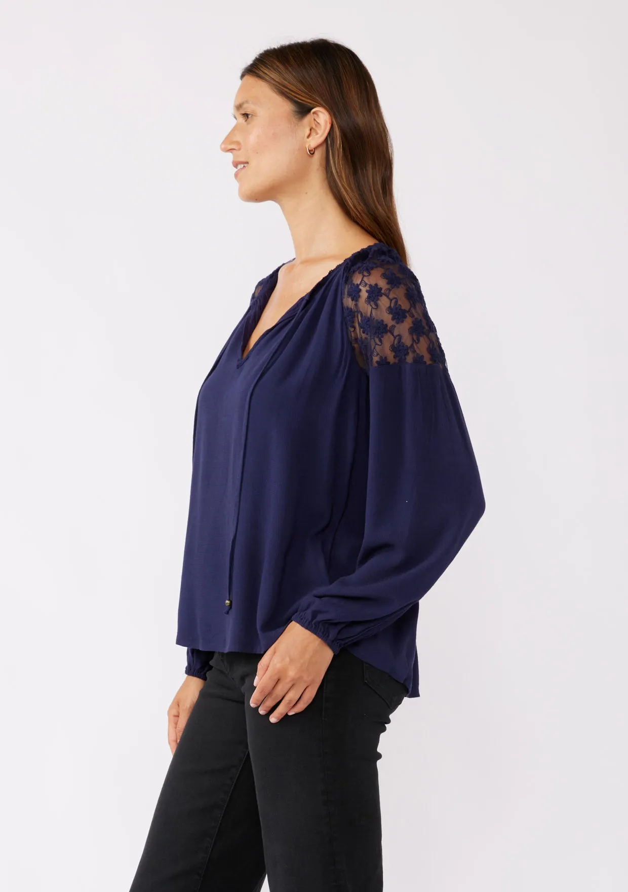 Embroidered Mesh Long Sleeve Tie Neck Blouse