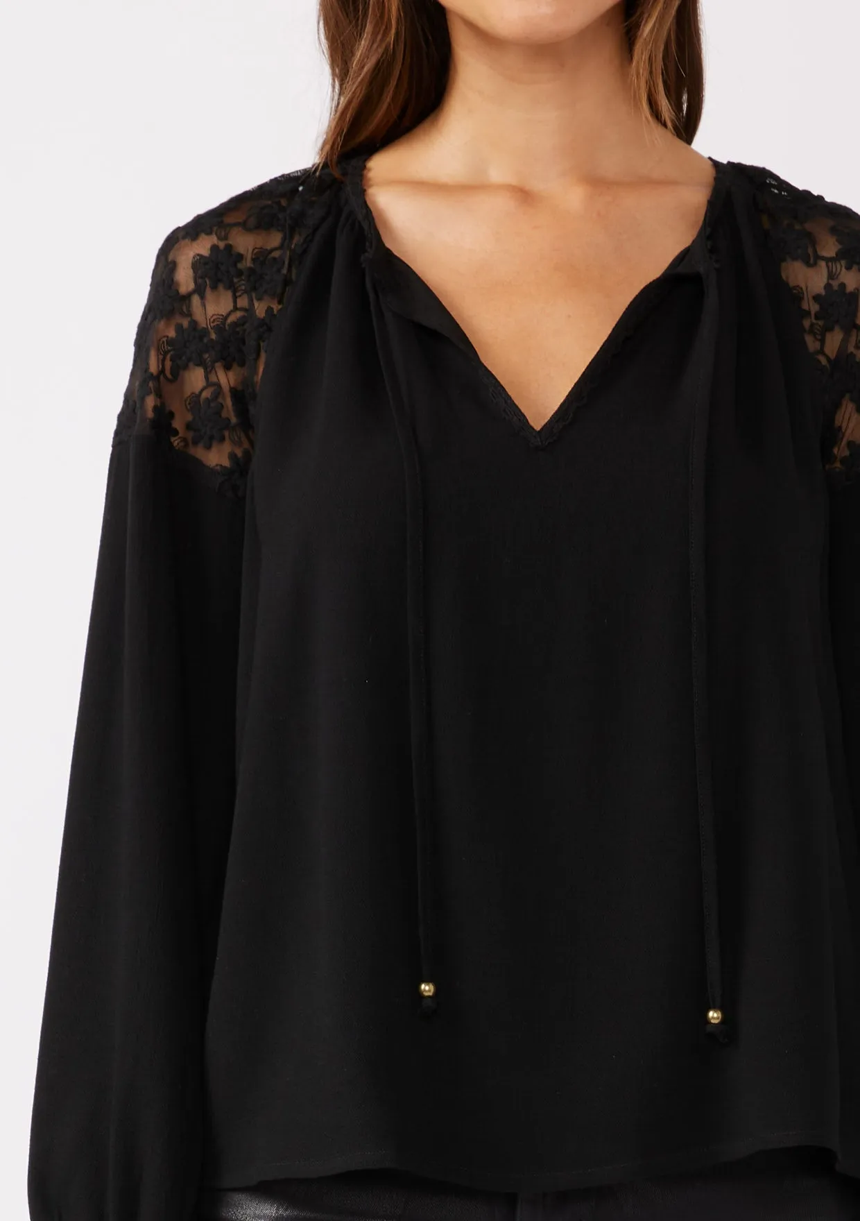 Embroidered Mesh Long Sleeve Tie Neck Blouse