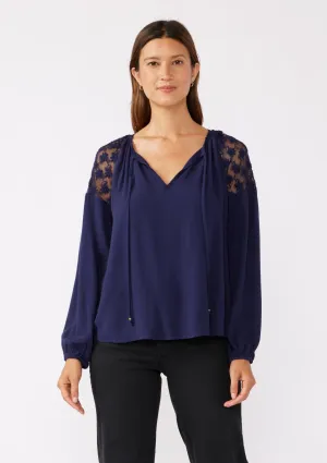 Embroidered Mesh Long Sleeve Tie Neck Blouse