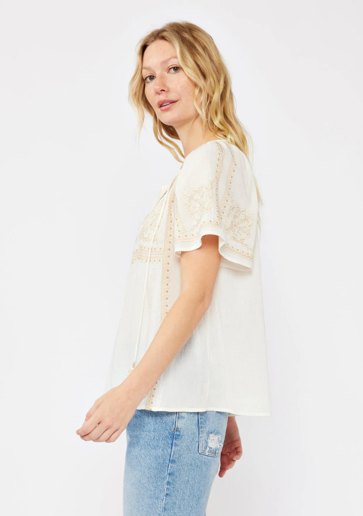 Embroidered Raglan Short Sleeve Split Neck Top