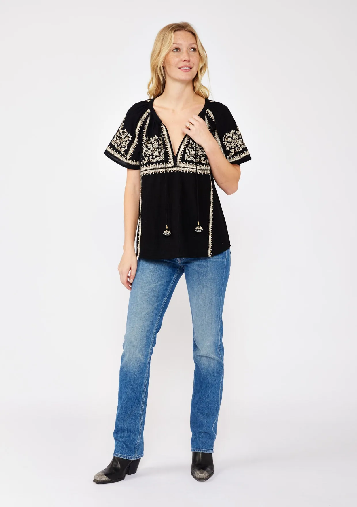 Embroidered Raglan Short Sleeve Split Neck Top