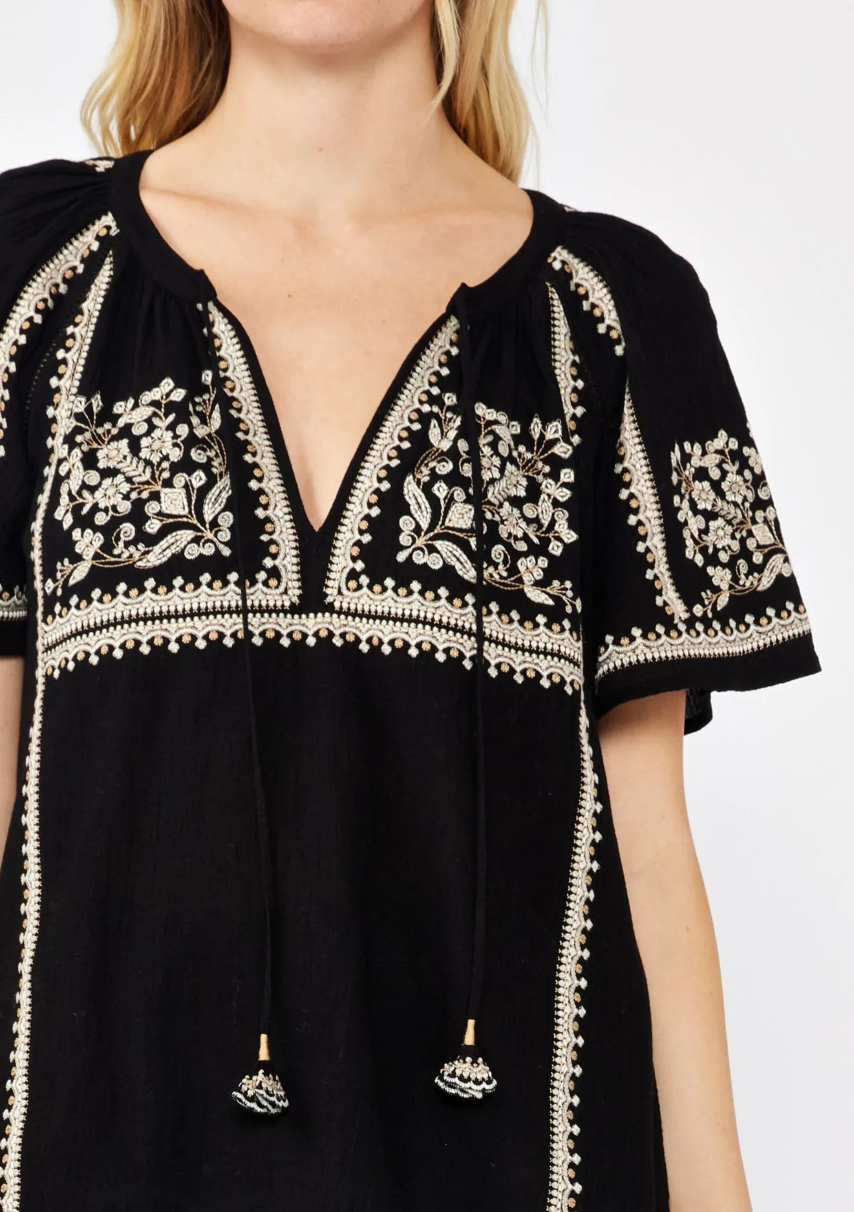 Embroidered Raglan Short Sleeve Split Neck Top