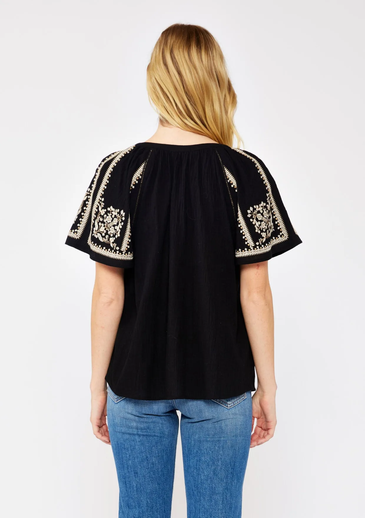 Embroidered Raglan Short Sleeve Split Neck Top