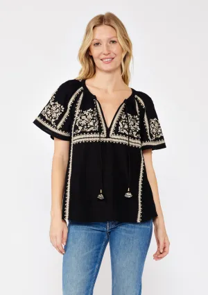Embroidered Raglan Short Sleeve Split Neck Top