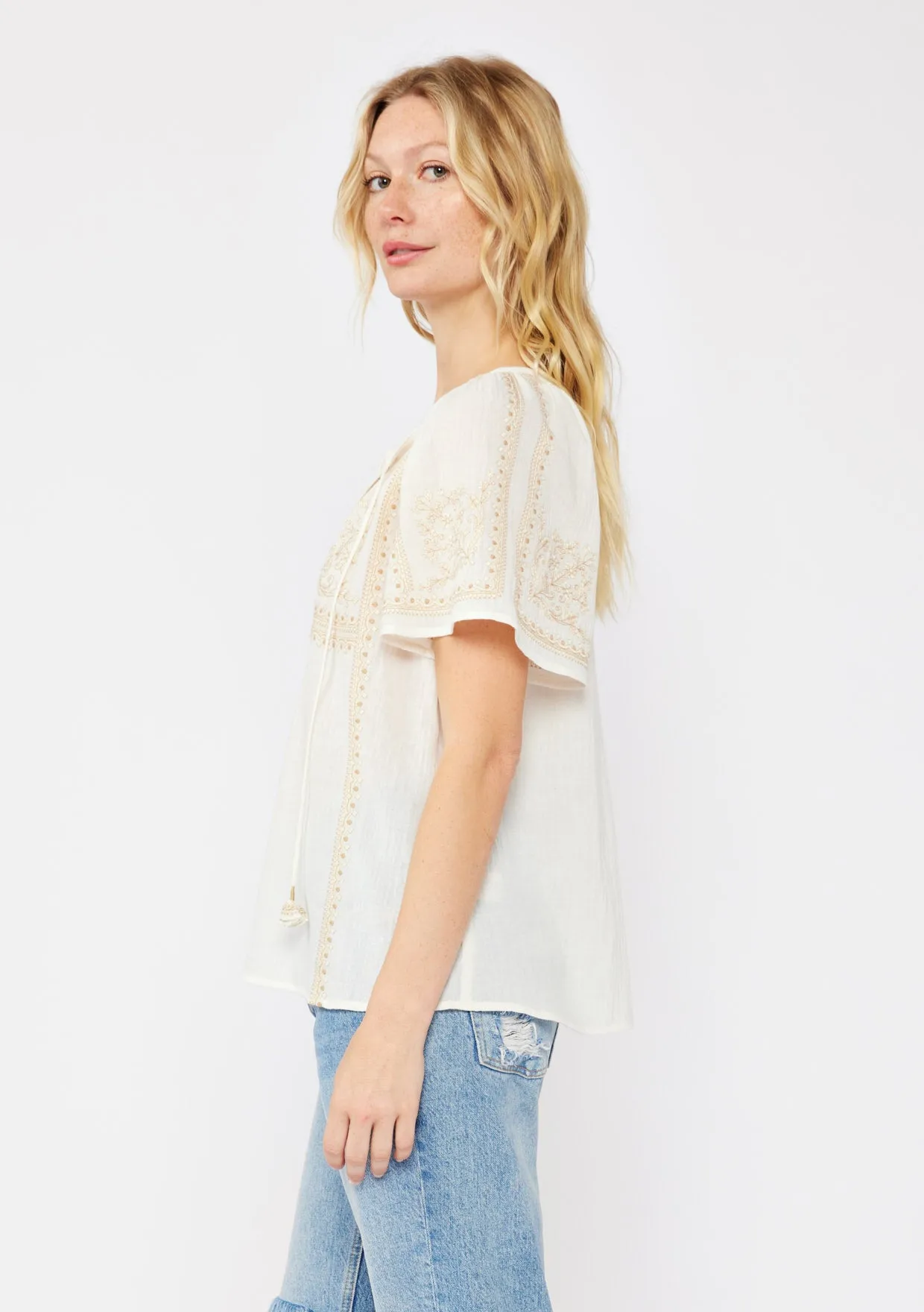 Embroidered Raglan Short Sleeve Split Neck Top