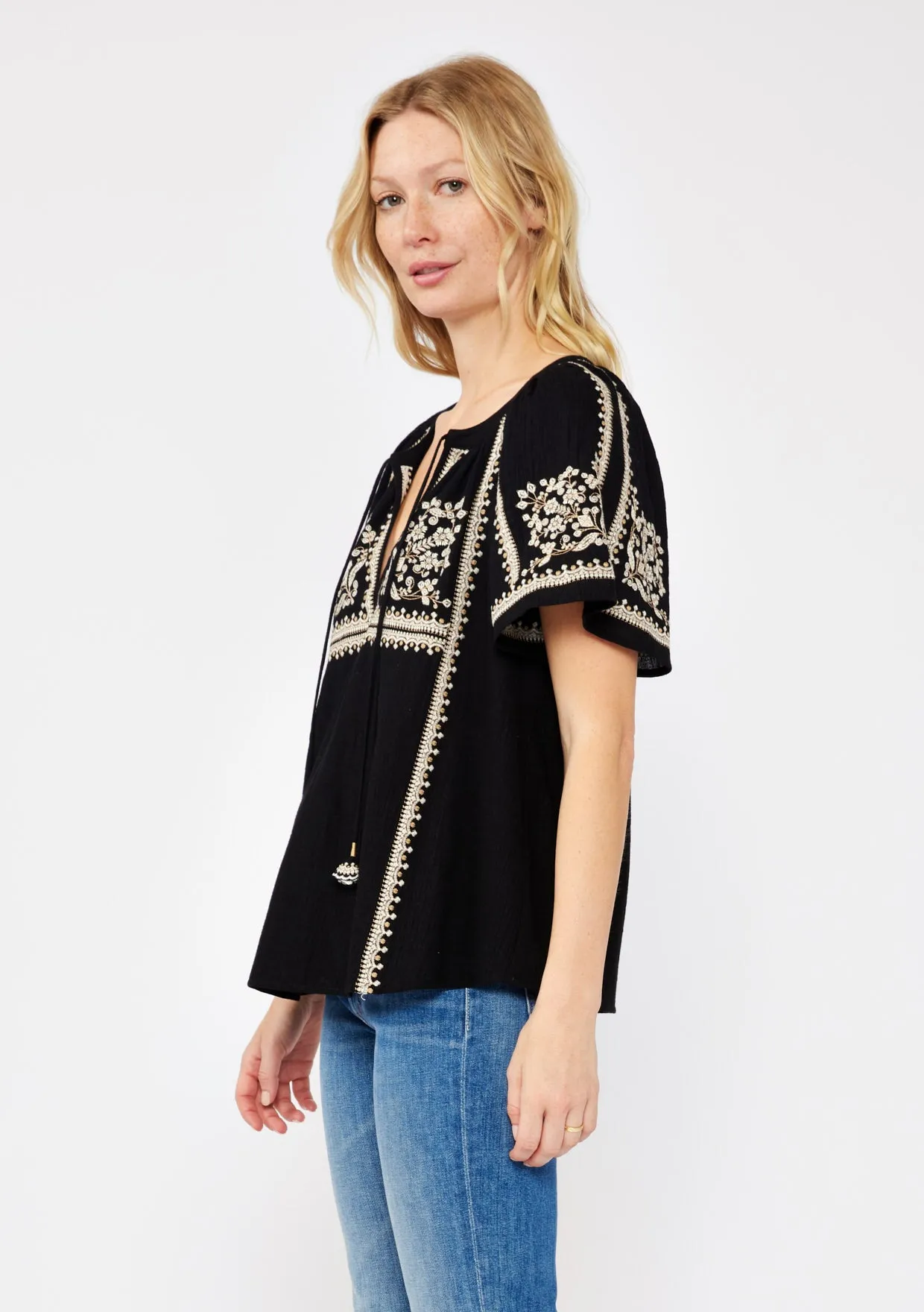 Embroidered Raglan Short Sleeve Split Neck Top