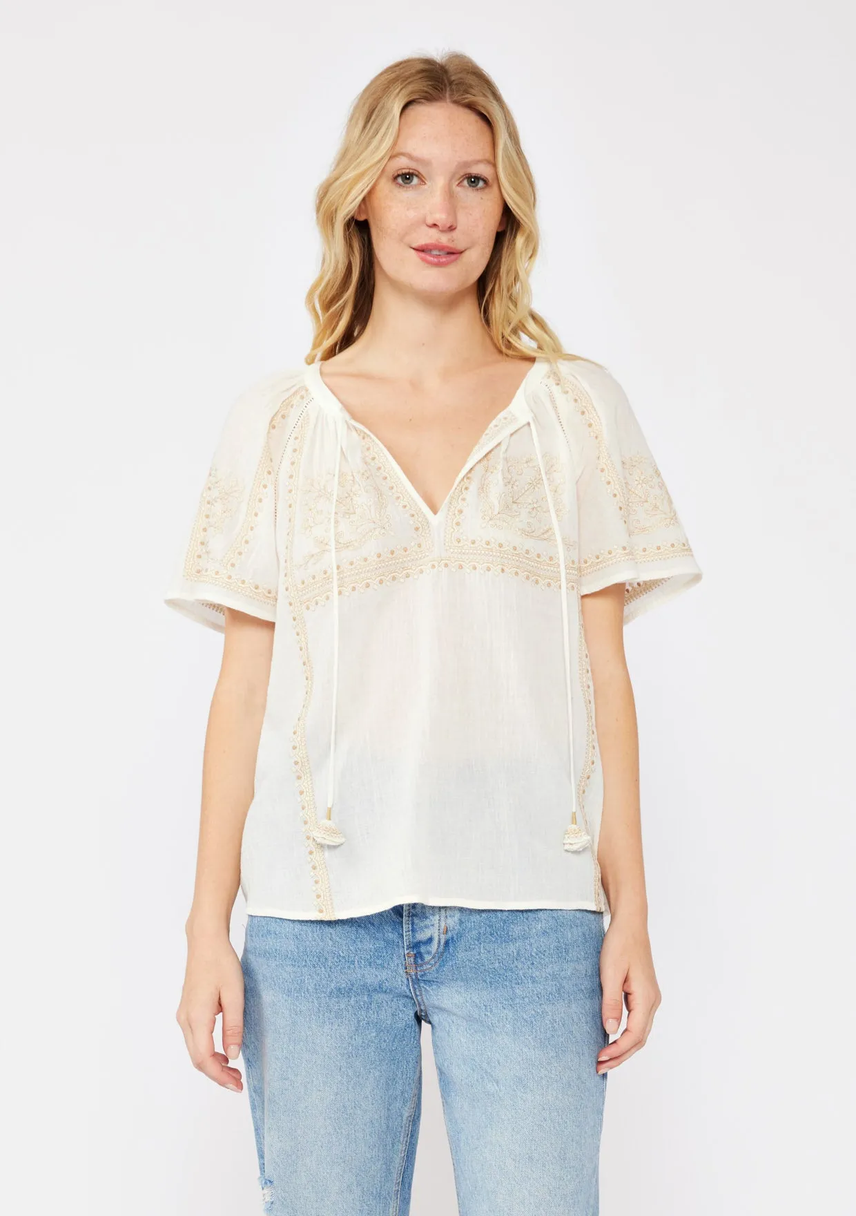 Embroidered Raglan Short Sleeve Split Neck Top